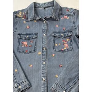 Women Shirt Small Blue Embroidered Floral Denim Long Sleeve Collared Button Down